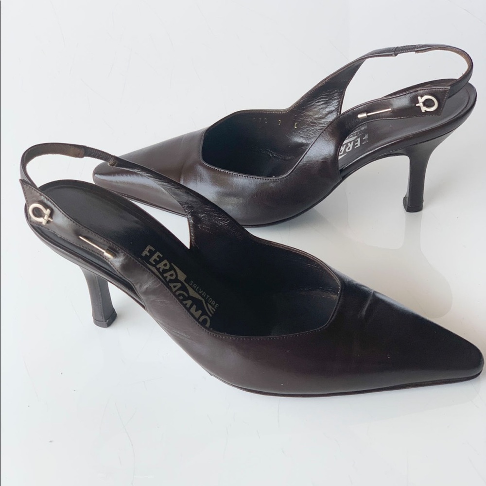 SALVATORE FERRAGAMO Slingback leather  Rhinestone Pin Detail - Picture 2 of 9